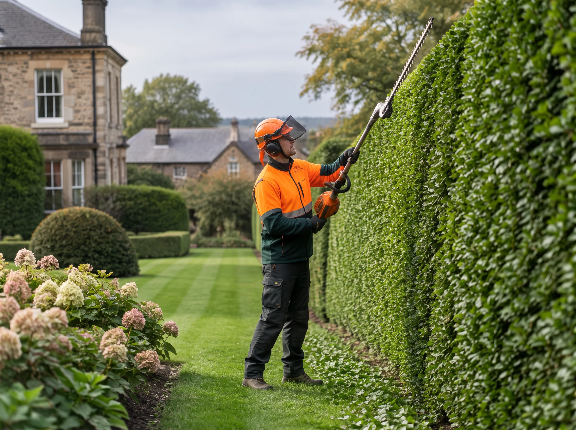 Hedge cutting and shaping around Harrogate Tree-care worker shaping a tall hedge in a residential garden near Harrogate